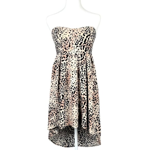 Womens Leopard Print Strapless Sweetheart Neckline High-Low Dress S Flared Skirt - Picture 1 of 15